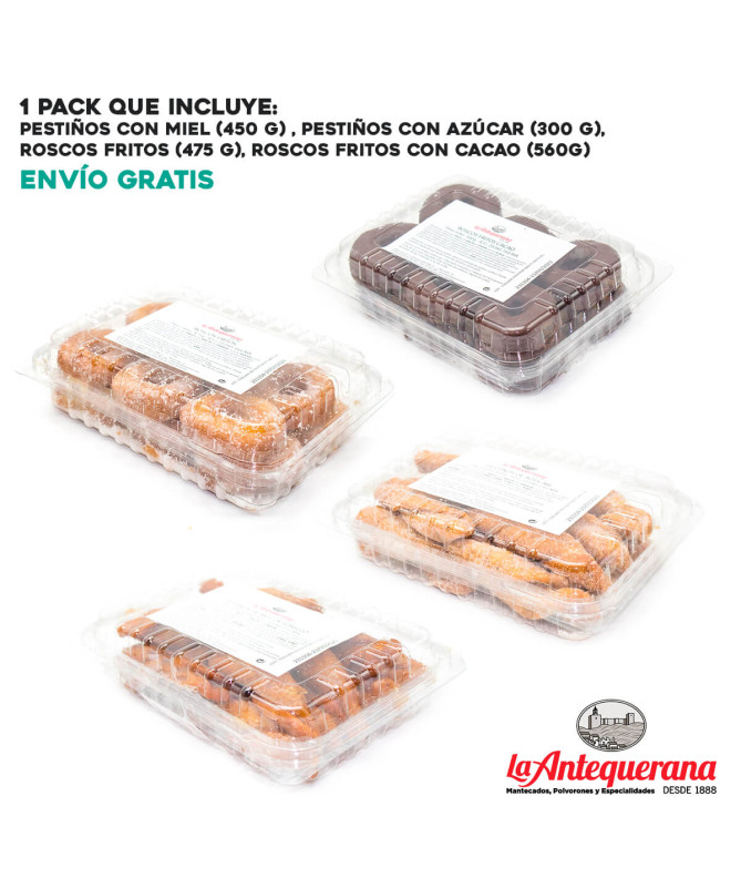 Lote de Cuaresma, con Roscos fritos, Roscos fritos con cacao, Pestiños con miel y Pestiños con azúcar