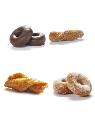 Lote de Cuaresma, con Roscos fritos, Roscos fritos con cacao, Pestiños con miel y Pestiños con azúcar